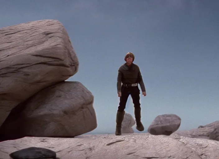 Image similar to epic screenshot from the film of Luke Skywalker, played by Mark Hammill, levitating rocks mid-air, outside marble, iconic scene from the force awakens, 1980s film directed by Stanley Kubrick, cinematic lighting, kodak, strange, hyper real, stunning moody cinematography, with anamorphic lenses, crisp, detailed portrait, 4k image