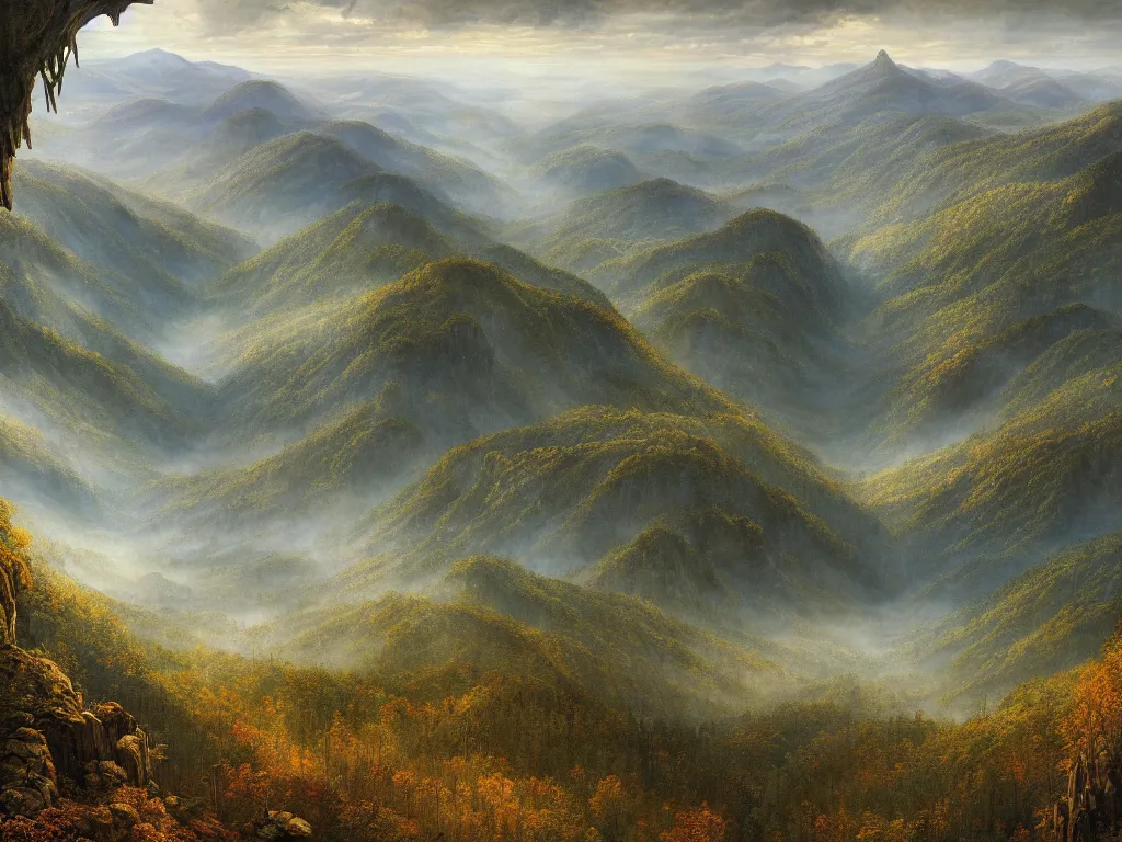 Image similar to a beautiful and highly detailed matte painting of the the appalachian mountains, intricate details, epic scale, insanely complex, 8 k, sharp focus, hyperrealism, very realistic, by caspar friedrich, greg rutowski, james gurney, zeen chin,