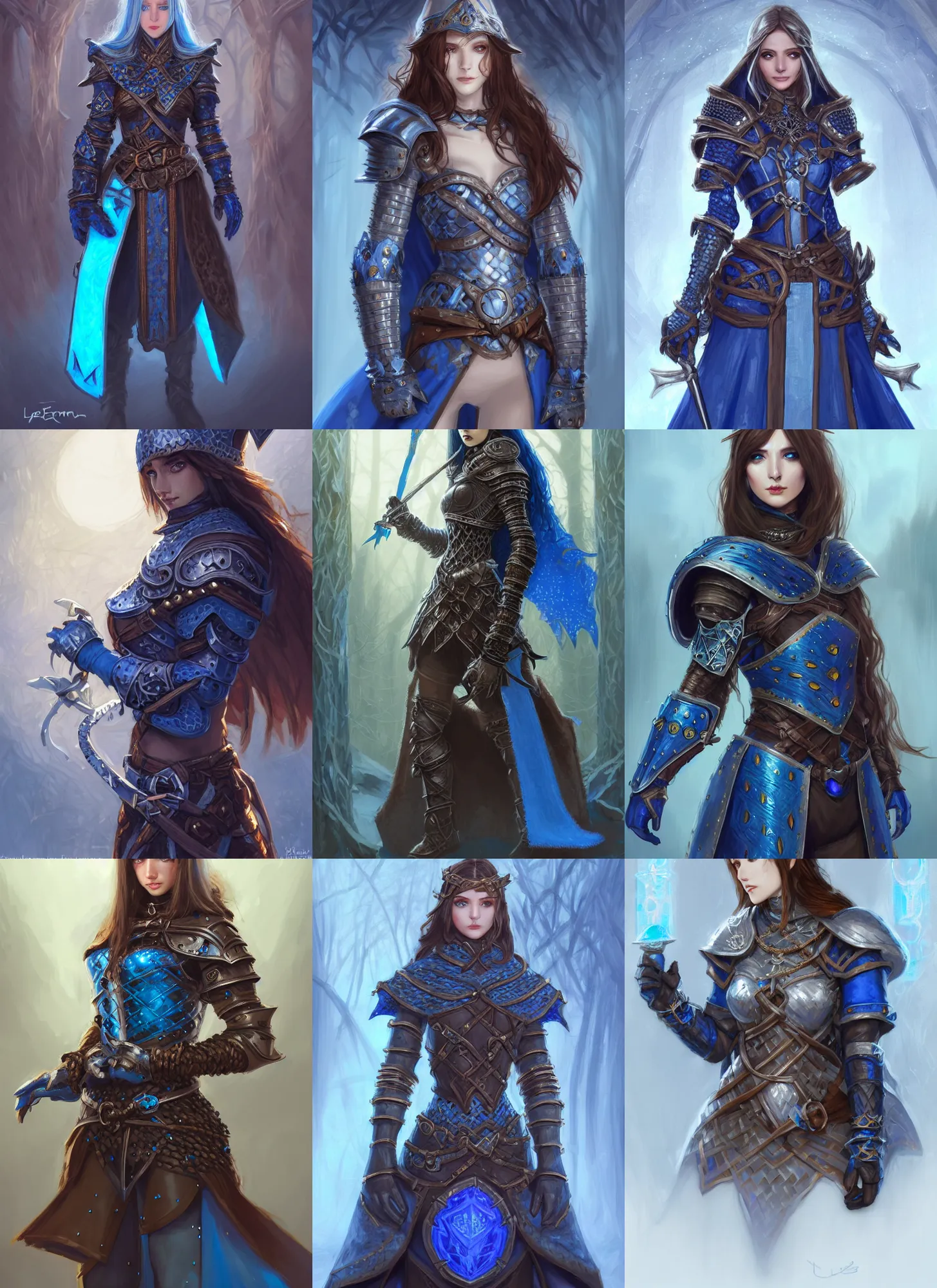 Prompt: portrait knight female, chain mail armor, blue surcoat, blue coat, elf long weaving brown hair, round blue necklance, leather gloves, wide belt, dark forest, dnd fantasy, intricate, digital painting, artstation, concept art, matte, sharp focus, illustration, hearthstone, art by loes romero, artgerm, mucha