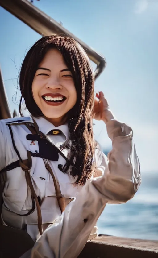 Prompt: portrait photo of a shipgirl smiling, highly detailed, sea in the background, high resolution, cosplay photo, stunning, 艦これ style, bokeh soft, shot on 70mm, zenithal lightning, trending on instagram, by award winning photographer, realistic human anatomy, real human faces, realistic military assets, creative sailor uniform, salute pose, shot with a professional camera, low saturation