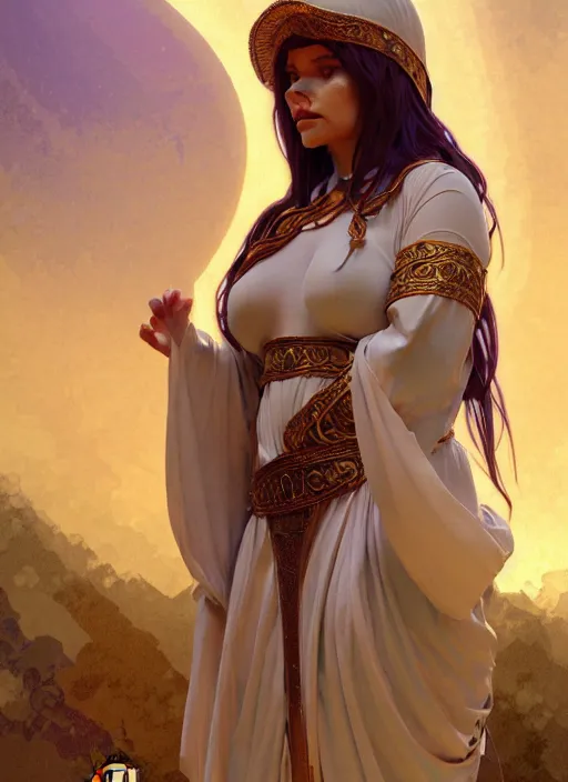 Image similar to portrait of a full body of curvy young female solarpunk priestess in byzantine robes, fantasy, flat lighting, intricate, highly detailed, digital painting, artstation, concept art, smooth, sharp focus, illustration, art by simon bisley and greg rutkowski and alphonse mucha, natural tpose