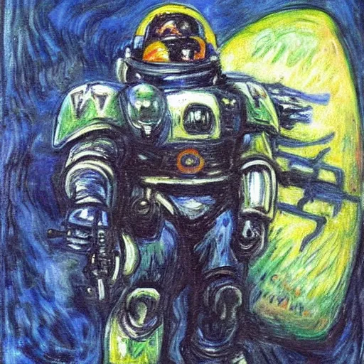 Image similar to a painting of a warhammer 4 0 k space marine squadron, by monet, munch,