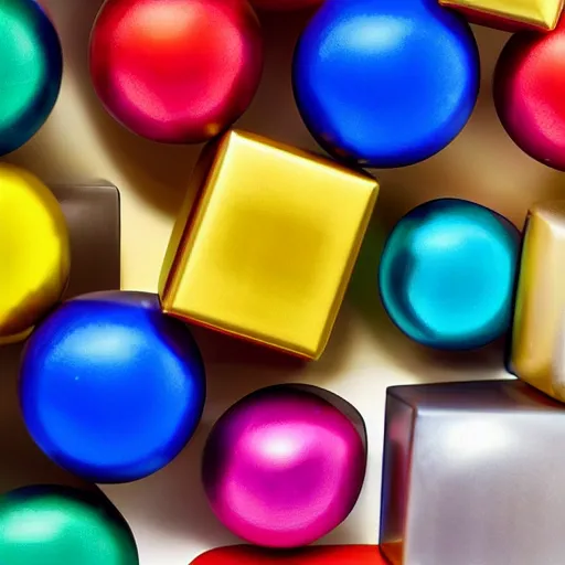 Prompt: cute arrangement of multicolored metal spheres in the shape of a cube, professional scientific technical photograph