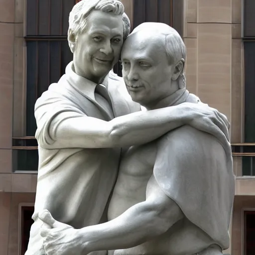 Prompt: marble statue of viktor orban and vladimir putin hugging