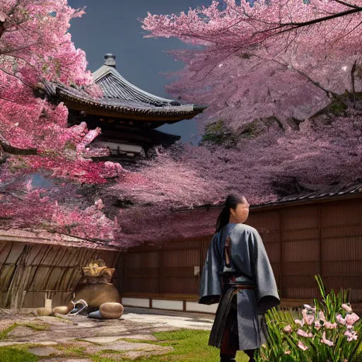 Prompt: hyperrealistic painting of a highly detailed photorealistical samurai, in the background traditional Japanese hut, cherry blossom trees outside, Feng Shui Style, cinematic concept art, art station, award winning art, 8k, octane render, unreal engine 5