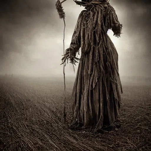 Prompt: female scarecrow hyper realistic, elegant, ornate, elite, horror, creepy, ominous, haunting, cinematic lighting, metal plate photograph, unreal engine, symmetrical, cinematic centered camera, high detail by Isaac Levitan, Frederic Church and Vasily Perov