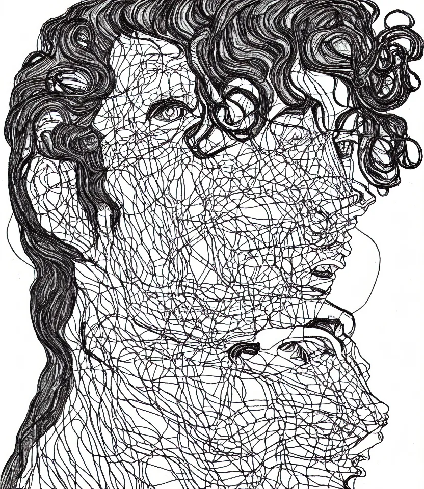 Image similar to detailed line art portrait of crazy horse, inspired by egon schiele. caricatural, minimalist, bold contour lines, musicality, soft twirls curls and curves, confident personality, raw emotion