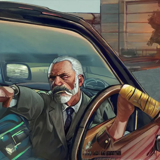 Image similar to highly detailed old man in car holding gun gta v art,, fantasy art by stephen bliss