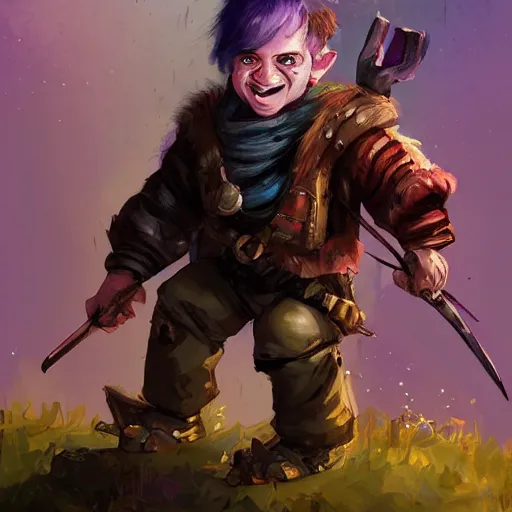 Image similar to male halfling youth adventurer with purple skin, by Ismail Inceoglu, wearing leather adventuring clothes, shabby, short, kid, bald, wielding knife, happy grin, character portrait closeup, digital art, dungeons and dragon, character