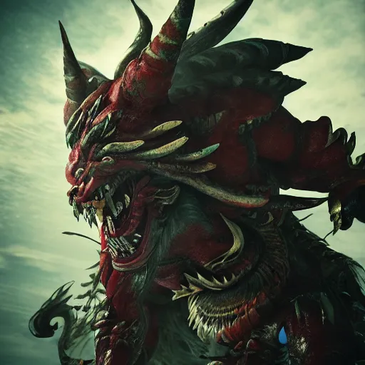 Image similar to an ultra detailed 3 d render of a japanese oni demon as a boss from nioh, shonen anime, 8 k, volumetric lighting, smooth, highly detailed, digital illustration, octane render, art by jeong seon and greg rutkowsi, artstation