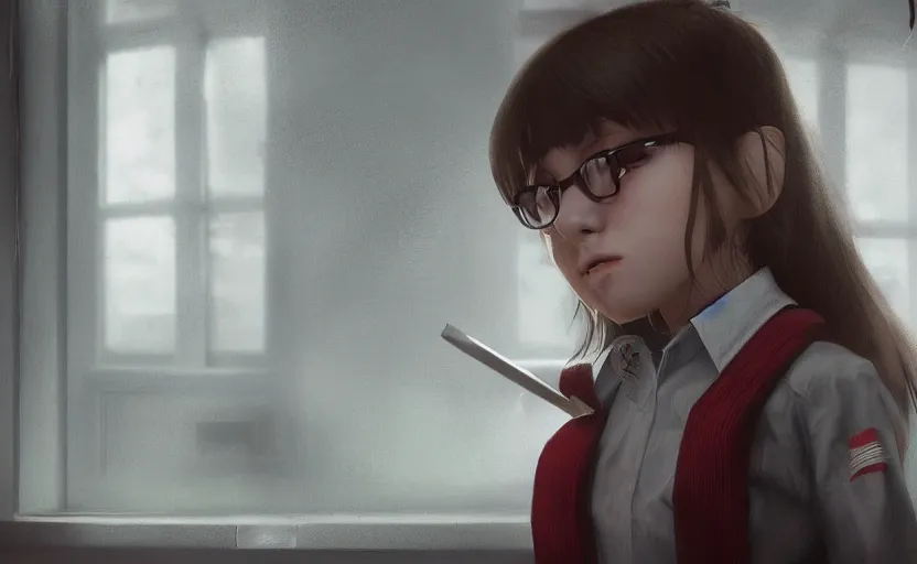 Image similar to school girl looking at the aky, gloomy and foggy atmosphere, octane render, cgsociety, artstation trending, horror scene, highly detailded
