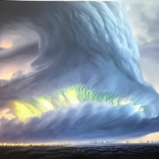 Prompt: a giant stormy rift in reality opens over a calm field in summer, award-winning, trending on artstation, oil on canvas, masterpiece