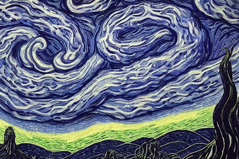 Image similar to man is seeing old god eldritch horror cthulhu terrifying the night sky of a city, epic scene, hyper - detailed, gigantic cthulhu, realistic dark - art painted by van gogh