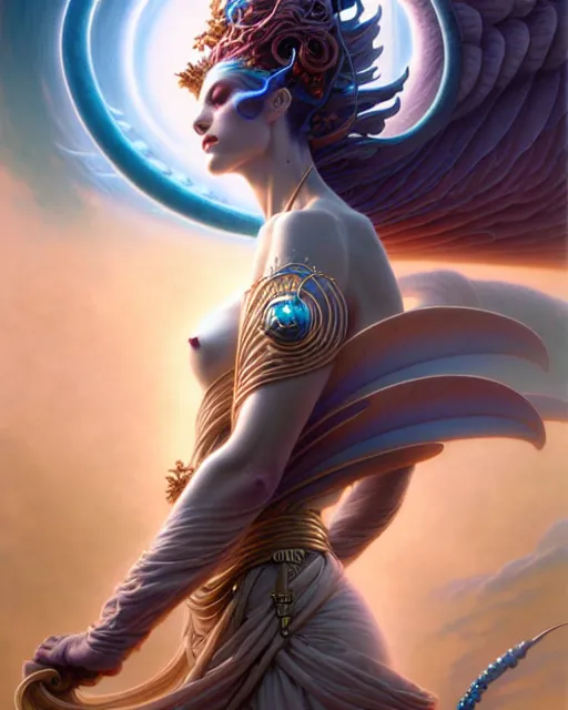 Prompt: goddess of wind, beautiful fantasy character portrait, ultra realistic, wide angle, intricate details, highly detailed by peter mohrbacher, boris vallejo, hajime sorayama, wayne barlowe, aaron horkey, gaston bussiere, craig mullins