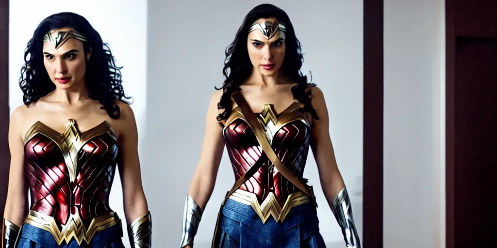 Image similar to ultra wide angle photo of gal gadot dressed in a white blouse and black dress pants as diana prince looking at herself in a bathroom mirror and seeing her reflection as wonder woman