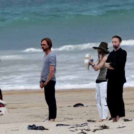 Prompt: edward norton & thom yorke watch as zombie donald trump feasts on pretty girls on the beach.