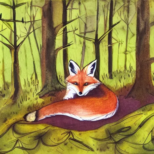 Image similar to fox in a forest by kevin finney blindfish, watercolor, painting, pastel colours, illustration