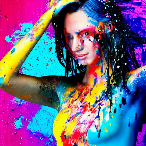 Image similar to potrait of a female model get splash with paint liquid , commercial ads