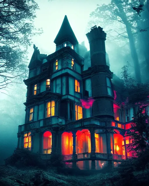 Image similar to a wide angle low photo of a colossal haunted victorian mansion on the edge of a cliff above a misty forest at night, saturated color, volumetric light, epic proportions, ectoplasm, mystical, occult, alchemy, ultra detailed, 8 k