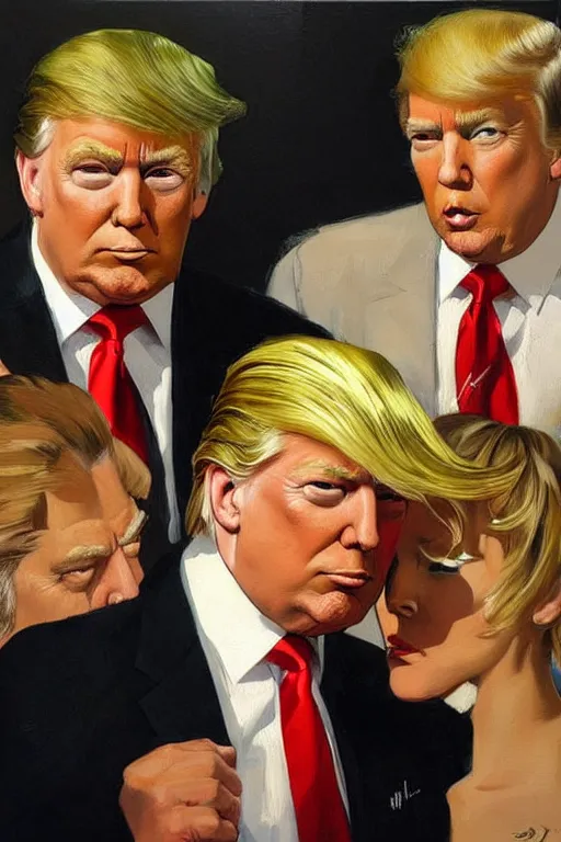 Prompt: donald trump and jeffrey epstein, painting by jc leyendecker!! phil hale!, angular, brush strokes, painterly, vintage, crisp