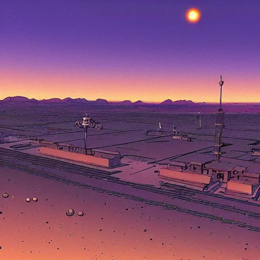 Image similar to busy spaceport in the desert, moebius, Jean Giraud, landscape, epic, artstation, dusk