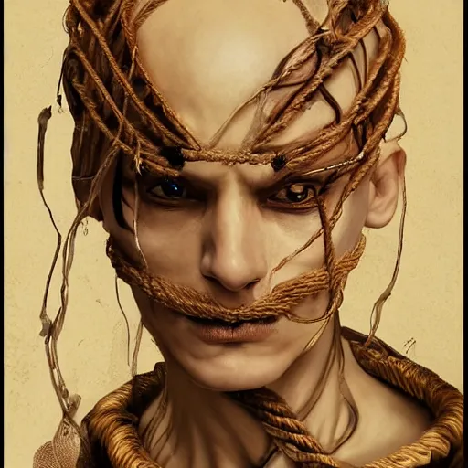 Image similar to portrait of a Shibari rope wrapped face and neck, headshot, insanely nice professional hair style, dramatic hair color, digital painting, of a old 17th century, old cyborg merchant, amber jewels, baroque, ornate clothing, scifi, realistic, hyperdetailed, chiaroscuro, concept art, art by Franz Hals and Jon Foster and Ayami Kojima and Amano and Karol Bak,