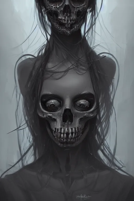 Image similar to a portrait of humanization of death, grim - lighting, high - contrast, intricate, elegant, highly detailed, digital painting, artstation, concept art, smooth, sharp focus, illustration