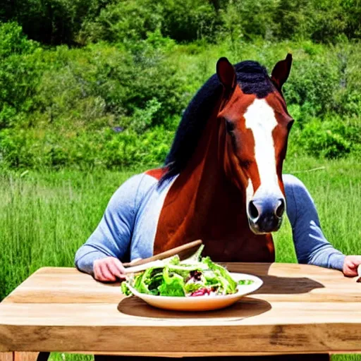 Prompt: a large humanoid horse sitting at a rustic table eating a small side salad