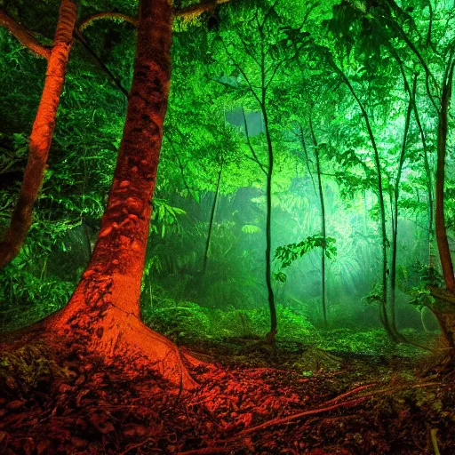 Image similar to a rainforest clearing at night softly lit by neon lights, dim lighting, leaves in foreground, HD, 8k, high resolution, photo,