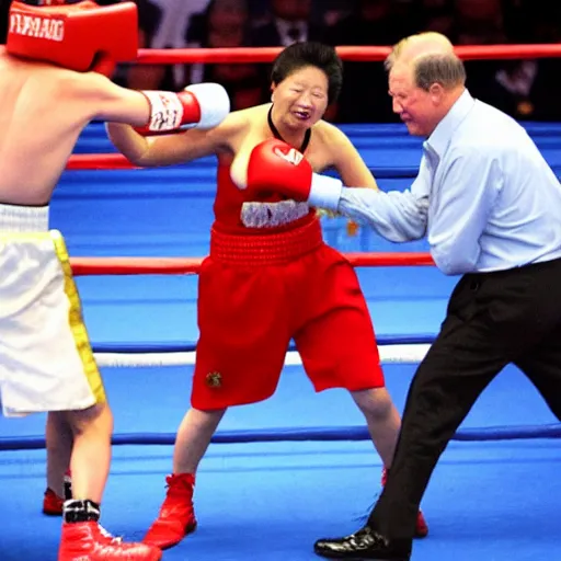 Prompt: Xi Jinping in a boxing match with the Queen of England,