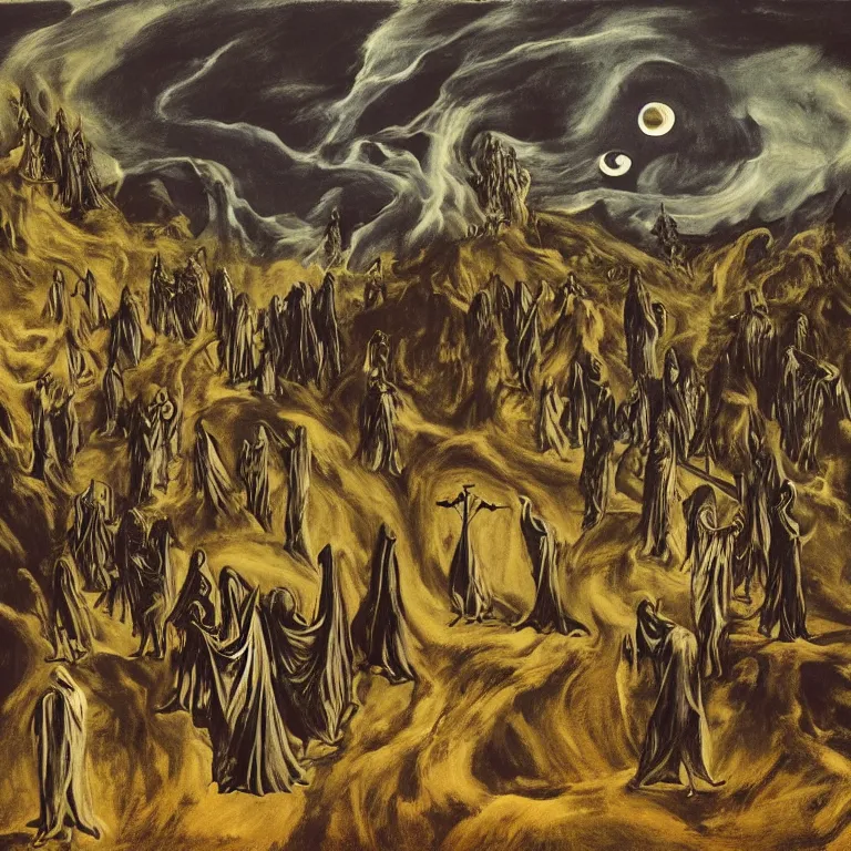 Prompt: A Holy Week procession of grim reapers in a lush Spanish landscape at night. A hooded figure at the front holds a cross. El Greco, Remedios Varo, Salvador Dalí, Zdzisław Beksiński,Carl Gustav Carus, Edward Hopper.