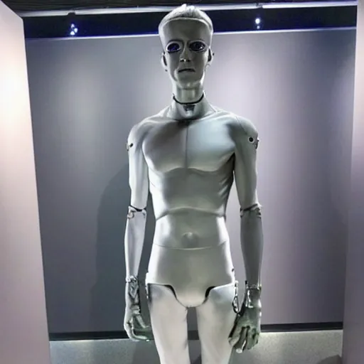 Image similar to “a realistic detailed photo of a guy who is an attractive humanoid who is half robot and half humanoid, who is a male android, actor Grant Gustin, shiny skin, posing like a statue, blank stare, at the museum, on display”