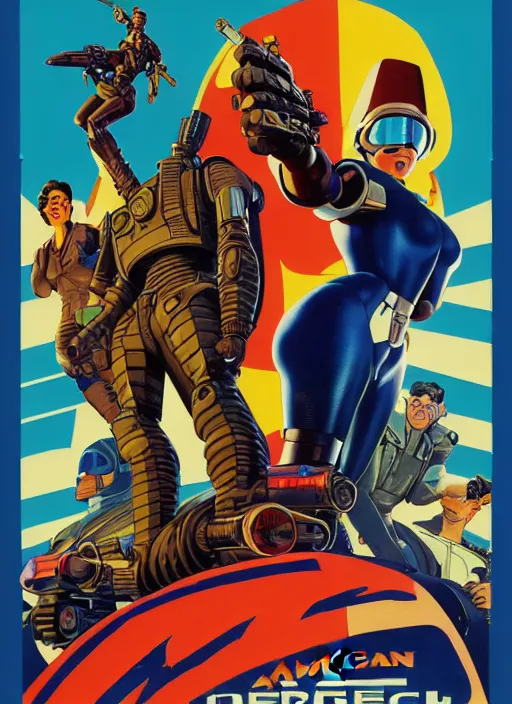 Image similar to american propaganda poster. powerful cyberpunk pilot. portrait by jean giraud and anton otto fischer and john philip falter and will eisner and gil elvgren and pixar. full body. realistic proportions. science fiction d & d. overwatch, rb 6 s, cyberpunk 2 0 7 7, blade runner 2 0 4 9. cel shading. thick lines.