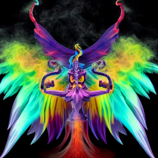Image similar to multi color smoke with the small outstretched ribbed wings and head of a fairytale dragon, billowy smoke, 8 k, 4 k