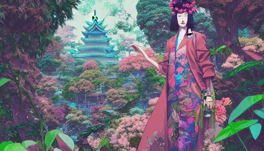 Prompt: a digital painting of a woman wearing gucci exploring a magical japanese temple, lush plants and flowers, eco - cyberpunk art by james jean, cgsociety, retrofuturism, anime aesthetic, chromatic, iridescent, uhd