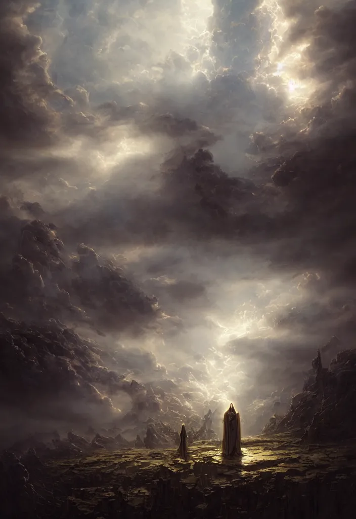 Prompt: The gate to the eternal kingdom of futuristic Heaven, seraphim in the clouds, holy rays, highly detailed, fantasy, digital art, HD, detailed, illustrated by Greg Rutkowski and Gaston Bussiere, 35mm lens, beautiful macro close-up imagery, moody lighting, beautiful volumetric-lighting-style atmosphere