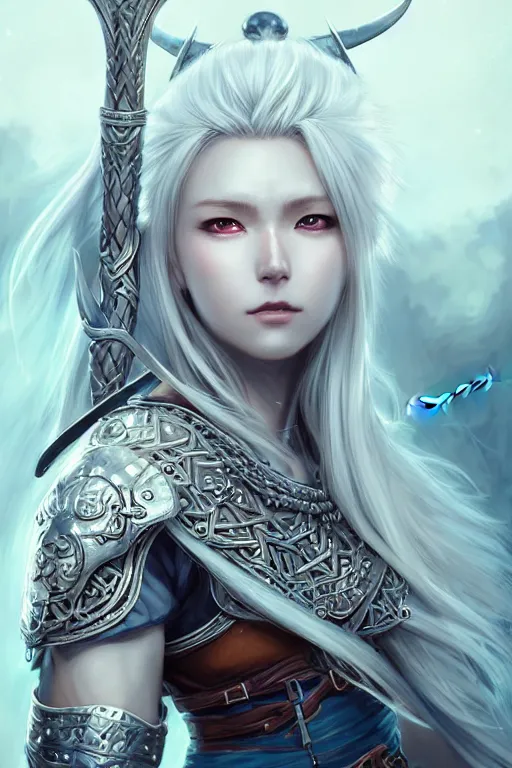 Image similar to A realistic anime portrait of a beautiful white haired female barbarian wearing an intricate viking armor, digital painting, by Stanley Artgerm Lau, Sakimichan, WLOP and Rossdraws, digital painting, painterly, Pixiv, Deviantart, golden ratio, rule of thirds, good composition, HD, 8k, award winning, promo art, splash art, rpg, jrpg, dungeons and dragons, DND, trending on ArtStation