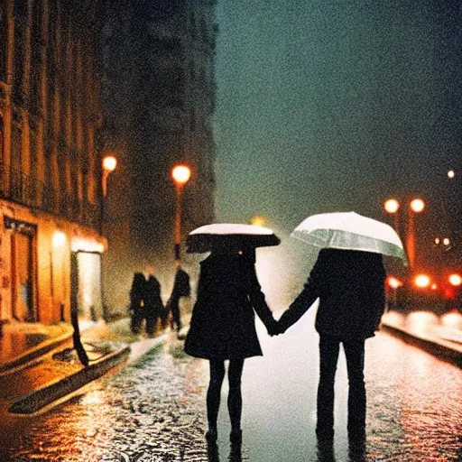 Image similar to street of paris photography, night, rain, mist, lovers holding hands, cinestill 8 0 0 t, in the style of william eggleston