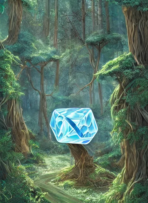 Image similar to a crystal cube in a forest, highly detailed, intricate, concept art, art station, cinematic light, realistic, ethereal light, art by Terry Moore