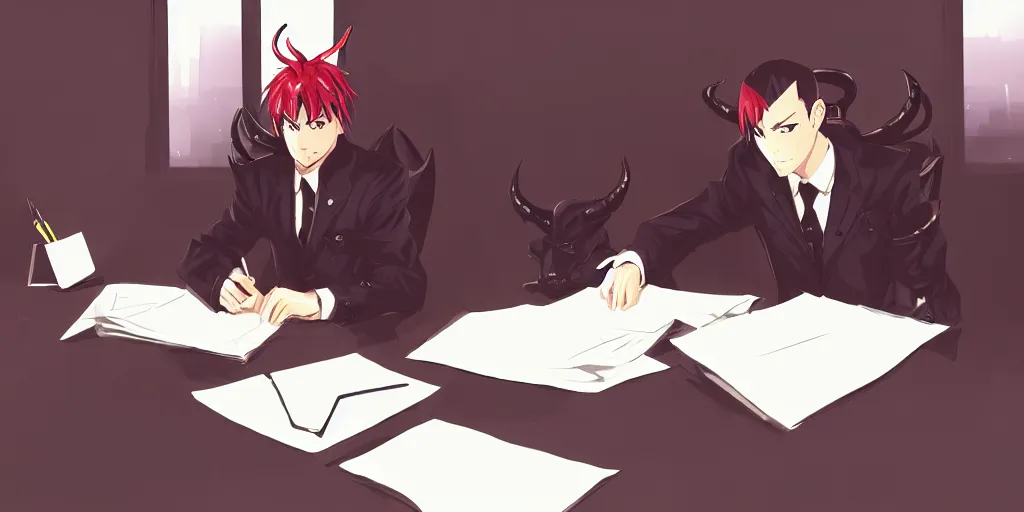 Image similar to dark lord sitting at desk large horns and suit, medium shot, portrait, semi realistic anime, red demon cyberpunk symbols