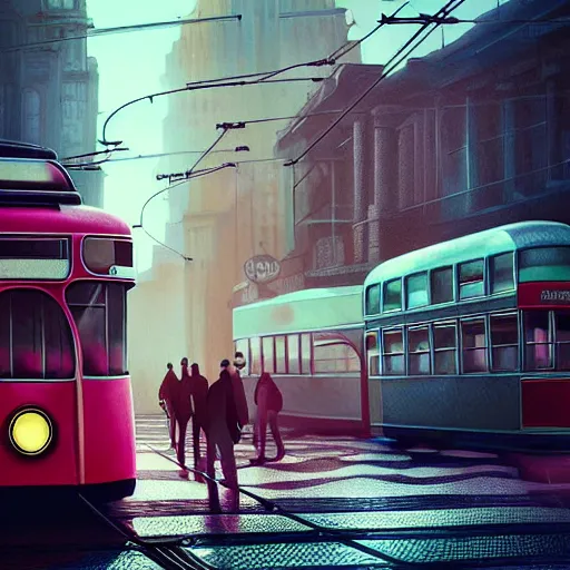 Image similar to retro futuristic vintage cars, buses, trams, street scene, atmospheric lighting, painted, intricate, volumetric lighting, beautiful, daytime, sunny weather, slight overcast, sharp focus, deep colours, ultra detailed, by leesha hannigan, ross tran, thierry doizon, kai carpenter, ignacio fernandez rios