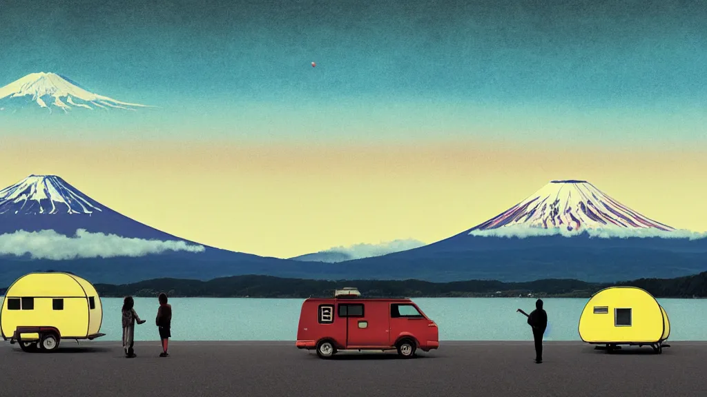 Image similar to a scene of two travellers and their camper touring overlook at the edge of yamanaka lake, reflecting mount fuji and a dramatic sky, japan, a collage painting, in the style of wes anderson, lola dupre, david hockney, isolated on negative white space background dark monochrome neon spraypaint accents volumetric octane render