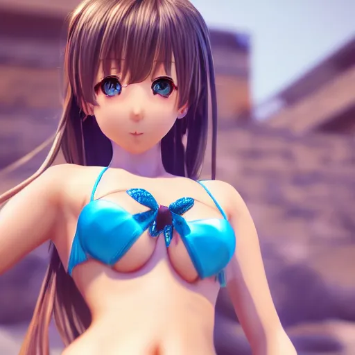 Image similar to a detailed portrait of pretty anime girl blue eyes in bikini, unreal engine 5 rendered, incredibly highly detailed and realistic, 8 k, sharp focus, studio quality