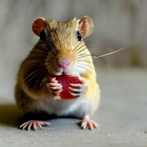 Prompt: Gerbil with its head stuck in a piece of bread