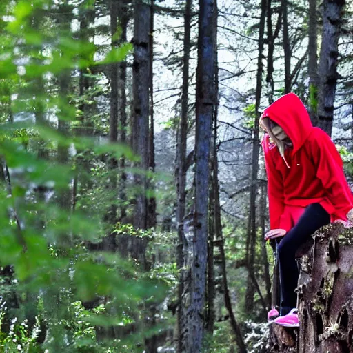 Image similar to a ninja timber wolf stalks [ a blonde teenage girl wearing a red hoodie ] in the forest