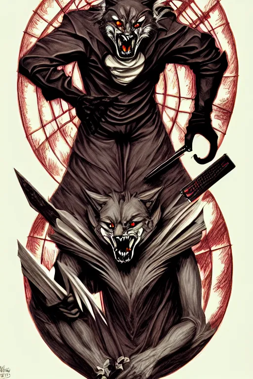 Image similar to concept art design illustration, halloween, werewolf, vampire, hunter, 1 6 colors, logo, ink drawing, art by jc leyendecker and sachin teng