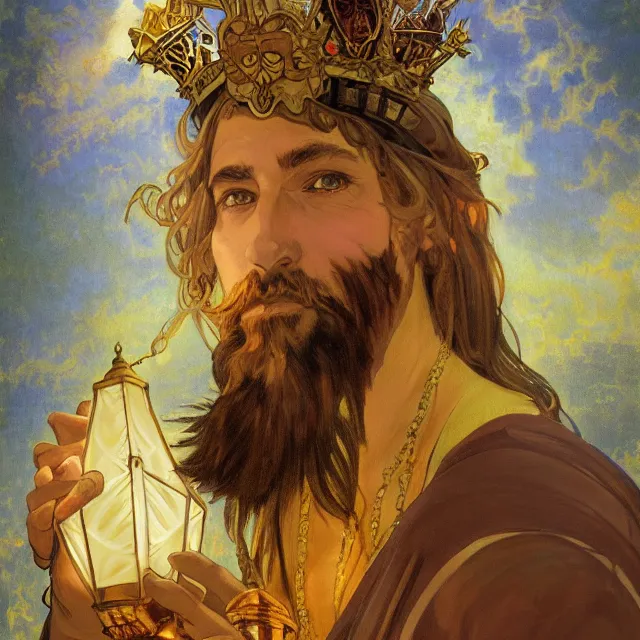 Prompt: an aesthetic! a detailed portrait of a man in a long beard, with a crown, holding a lantern with huge piles of gold in the background, ravens flying overhead by frank frazetta and alphonse mucha, oil on canvas, art nouveau dungeons and dragons fantasy art, hd, god rays, ray tracing, crisp contour lines, huhd