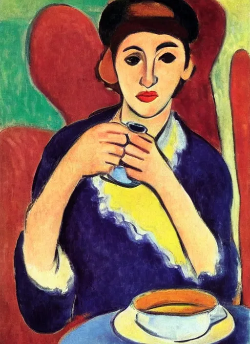 Prompt: jewish woman drinks coffee at a sunlit cafe, calm and content, portrait, by henri matisse, high quality