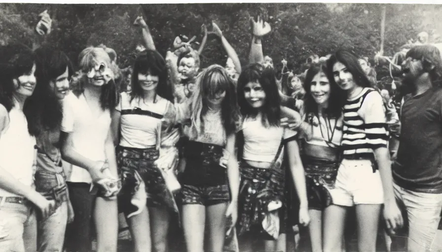 Image similar to Burnt black and white polaroid of 70s teenagers at a carnival.