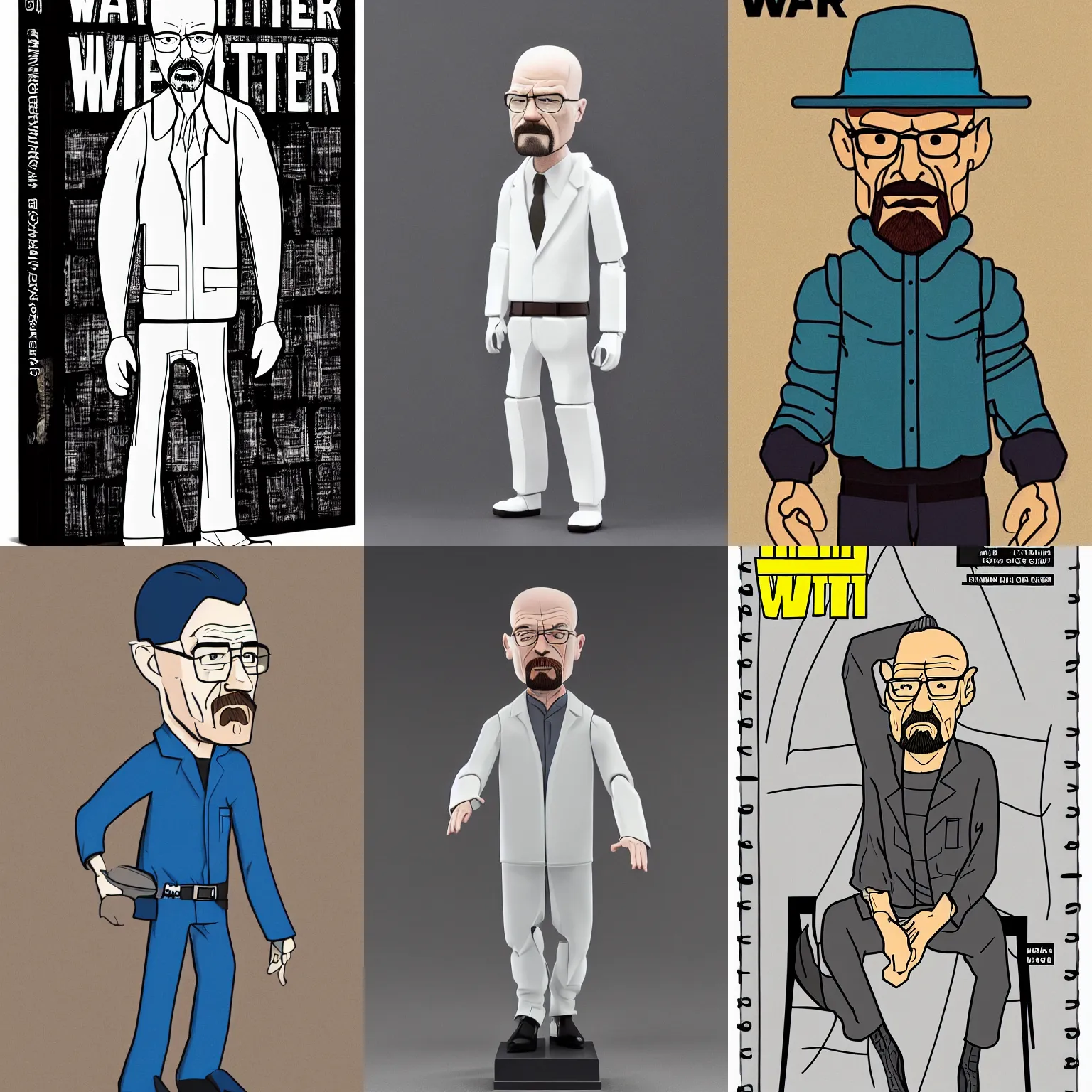 Prompt: walter white as modern cartoon stylized figure with no joint articulation, highly detailed, intricate, clean forms with sharp stylized clothing folds, by Titan Books, product photo